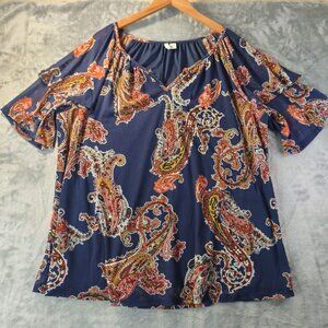 Est 1946 Womens Cold Shoulder Paisley Top XL Navy Sheer Boho Summer Casual Artsy
